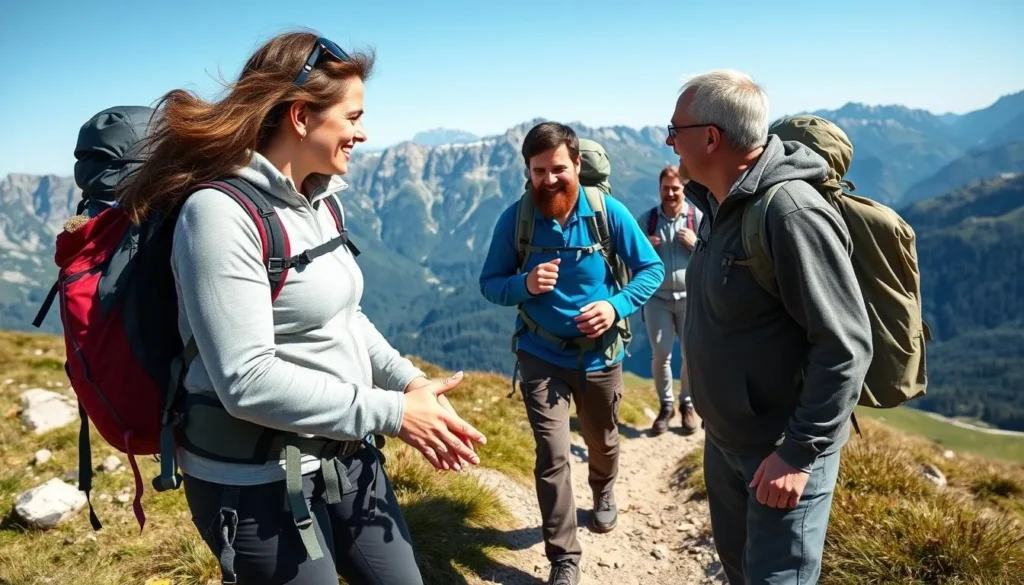 Hikers greeting each other with traditional Bavarian 'Grüß Gott' on a mountain trail