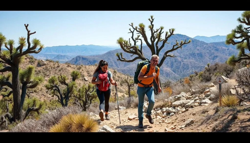 Hikers navigating a rocky trail in the Galiuro Wilderness with backpacks Hikers navigating a rocky trail in the Galiuro Wilderness with backpacks