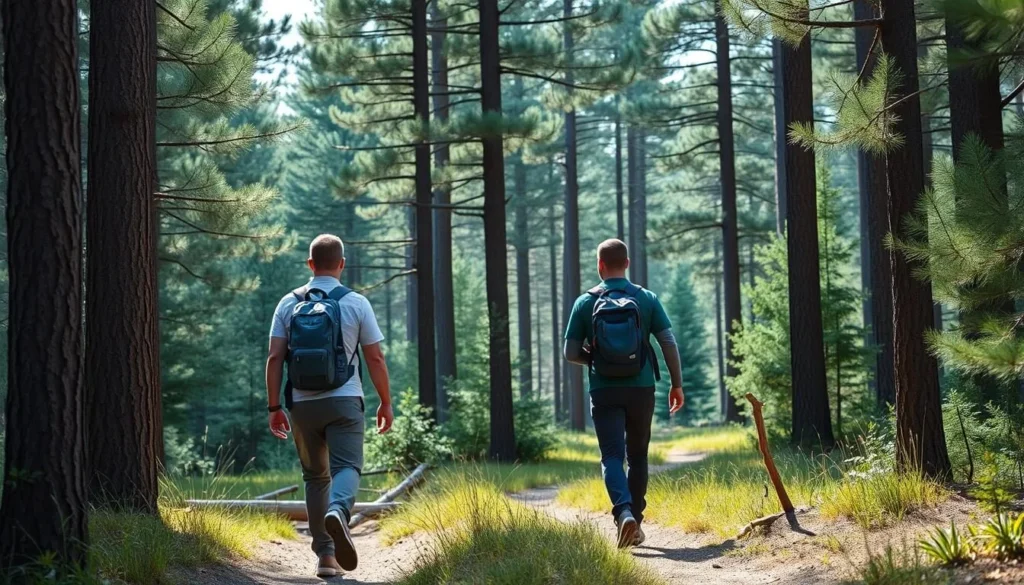 Hikers on Big Pines Trail at Big River State Park surrounded by tall pine trees