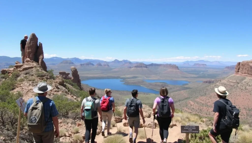 Hikers on Chimney Rock Trail with panoramic view of Abiquiu Lake area Hikers on Chimney Rock Trail with panoramic view of Abiquiu Lake area