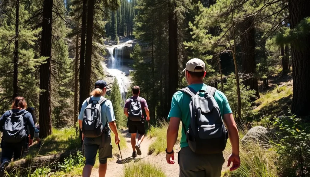 Hikers on Kings Creek Falls trail, one of the popular Mount Lassen California things to do Hikers on Kings Creek Falls trail, one of the popular Mount Lassen California things to do