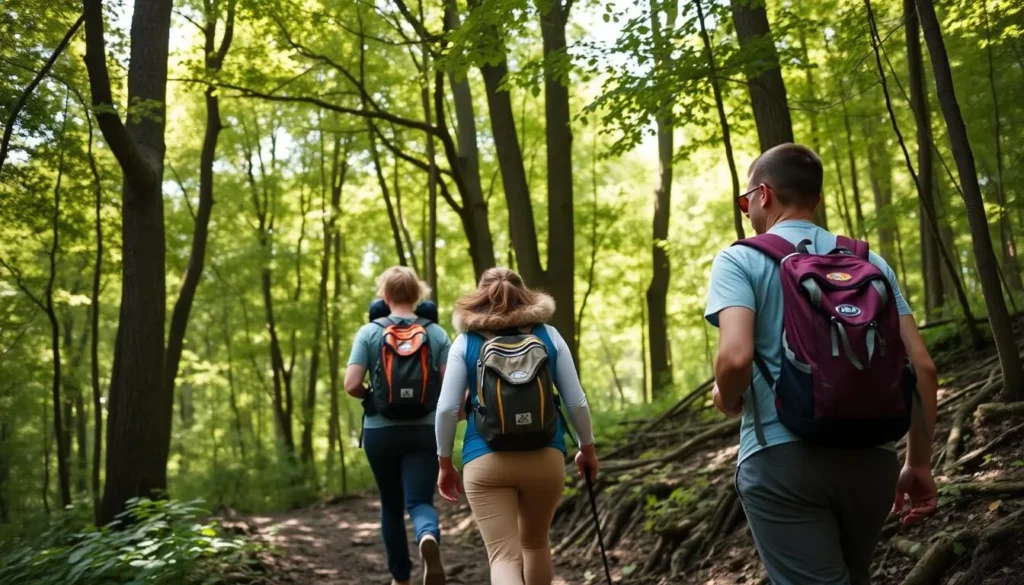 Hikers on Mary Ann Furnace Trail at Codorus State Park enjoying forest scenery Hikers on Mary Ann Furnace Trail at Codorus State Park enjoying forest scenery