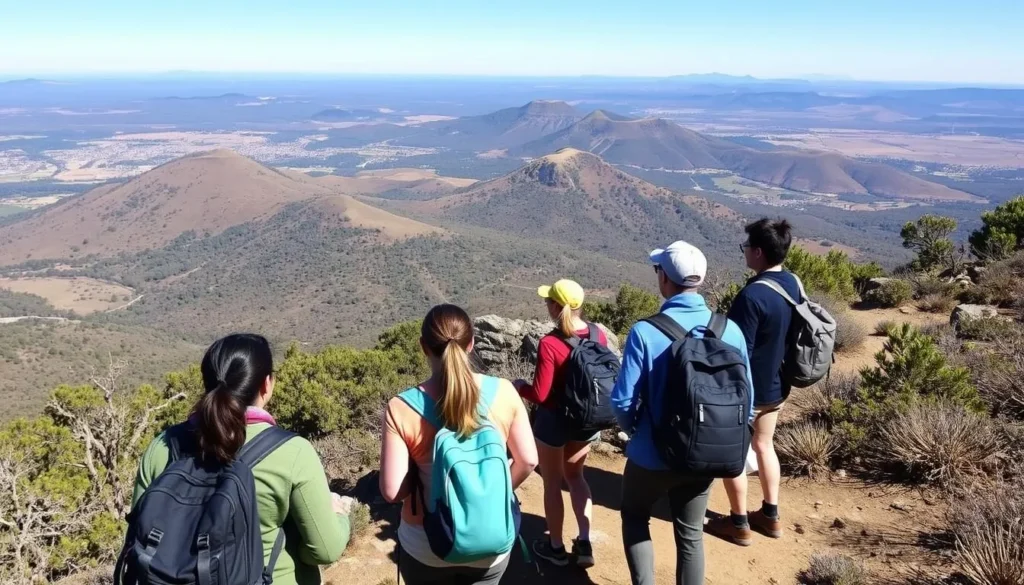 Hikers on Mary Bowerman Trail at Mount Diablo with panoramic views Hikers on Mary Bowerman Trail at Mount Diablo with panoramic views