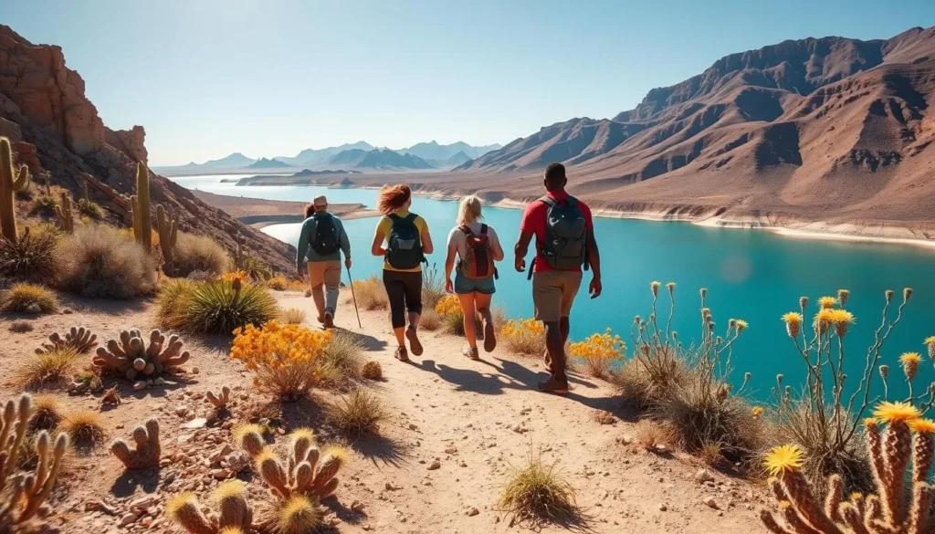 Hikers on Mohave Sunset Trail with lake views Hikers on Mohave Sunset Trail with lake views