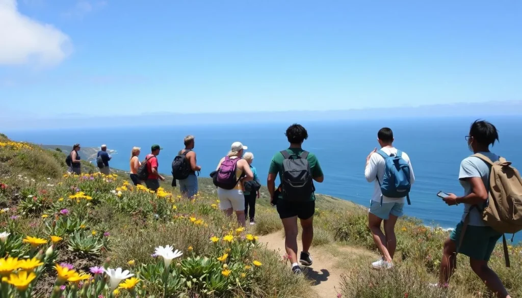 Hikers on Mori Point trail with panoramic coastal views in Pacifica Hikers on Mori Point trail with panoramic coastal views in Pacifica