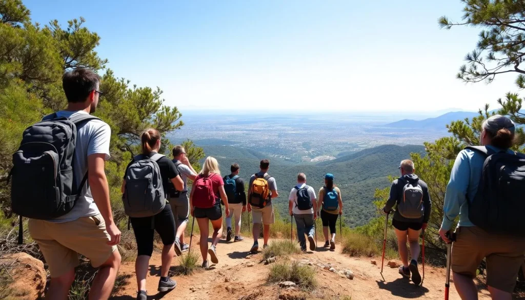 Hikers on Mount Wilson Trail with panoramic views of Mount Wilson California things to do Hikers on Mount Wilson Trail with panoramic views of Mount Wilson California things to do