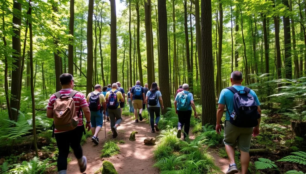 Hikers on Wolf Rocks Trail at Laurel Summit State Park Pennsylvania through forest Hikers on Wolf Rocks Trail at Laurel Summit State Park Pennsylvania through forest