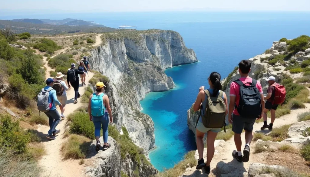 Hikers on a coastal trail on Krk Island with panoramic sea views Hikers on a coastal trail on Krk Island with panoramic sea views