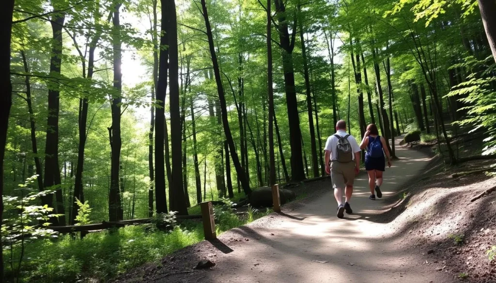 Hikers on a forest trail at Linn Run State Park with sunlight filtering through trees Hikers on a forest trail at Linn Run State Park with sunlight filtering through trees