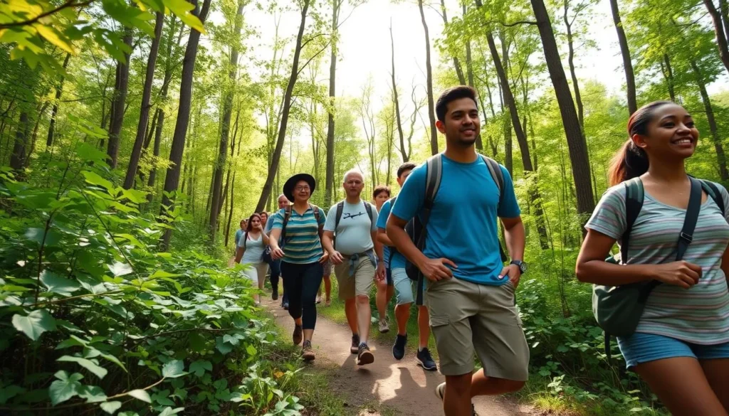 Hikers on a forest trail at Locust Lake State Park during summer Hikers on a forest trail at Locust Lake State Park during summer