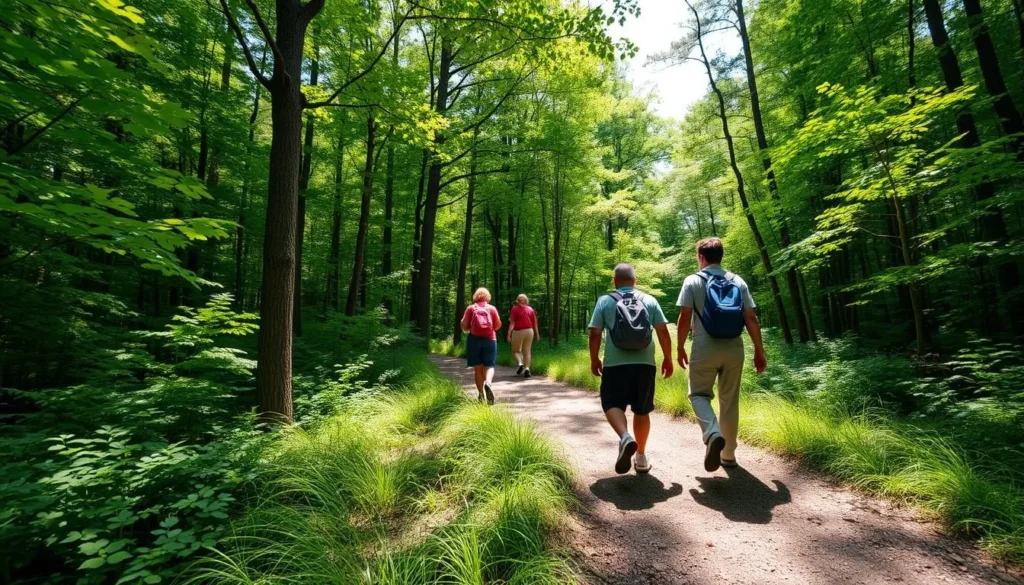 Hikers on a forest trail in Lyman Run State Park during summer Hikers on a forest trail in Lyman Run State Park during summer