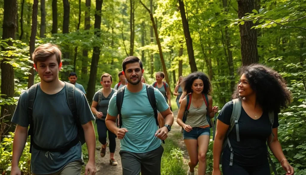 Hikers on a forest trail in Michaux State Forest near Mont Alto State Park Hikers on a forest trail in Michaux State Forest near Mont Alto State Park