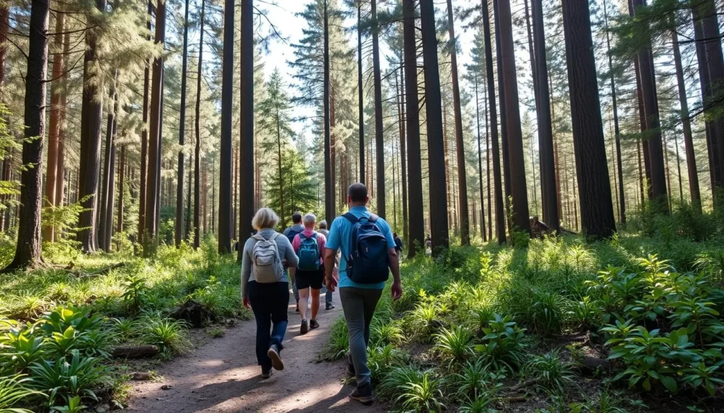 Hikers on a forest trail in Smolenskoye Poozerye National Park surrounded by tall pine trees Hikers on a forest trail in Smolenskoye Poozerye National Park surrounded by tall pine trees