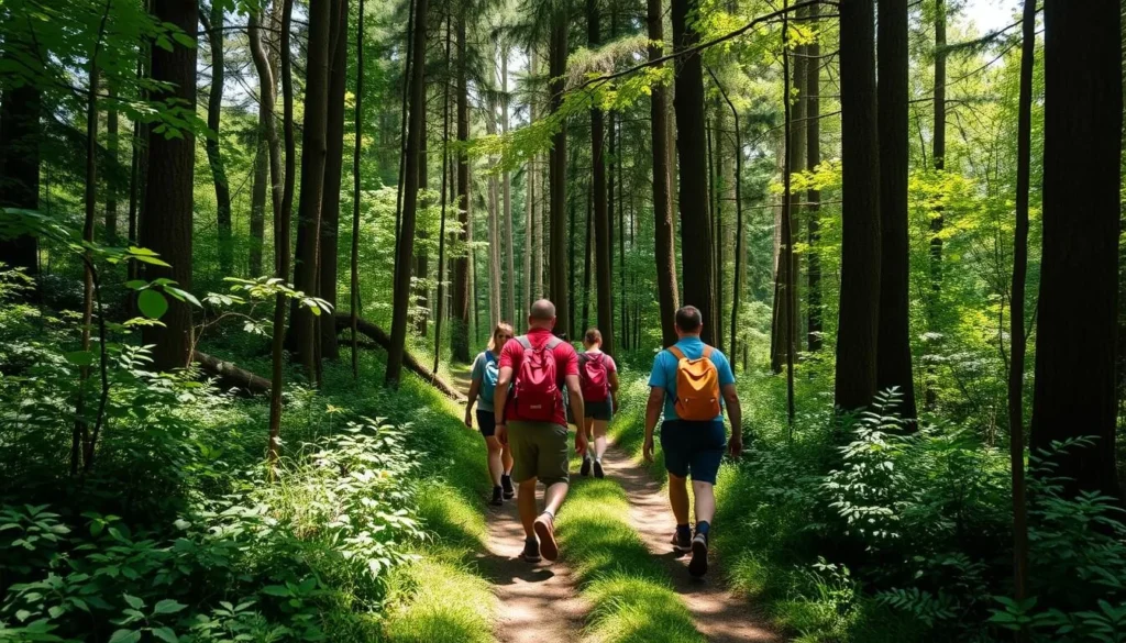 Hikers on a forest trail in Udegeyskaya Legenda National Park surrounded by lush vegetation Hikers on a forest trail in Udegeyskaya Legenda National Park surrounded by lush vegetation