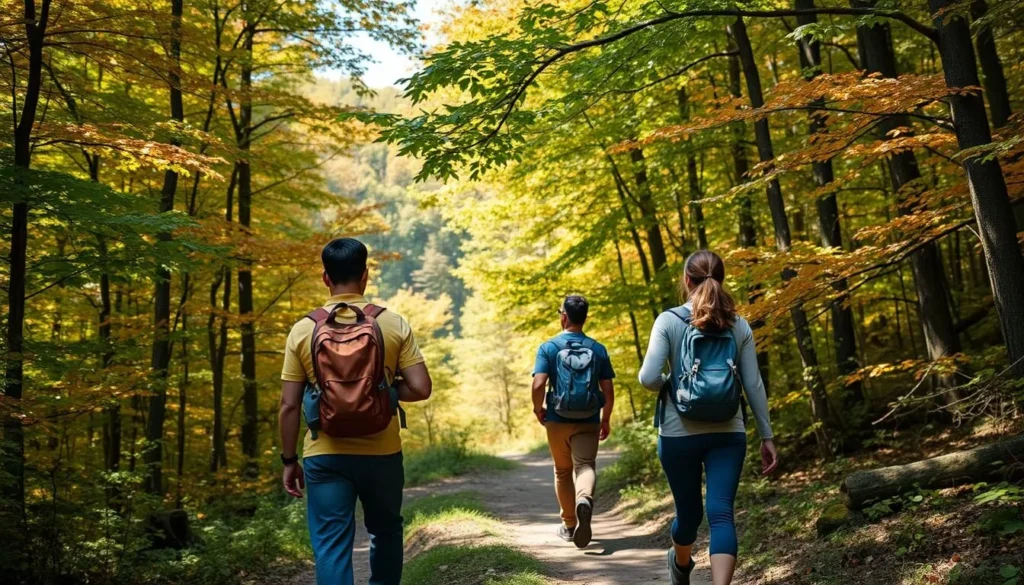 Hikers on a forested trail in Ohiopyle State Park with fall foliage