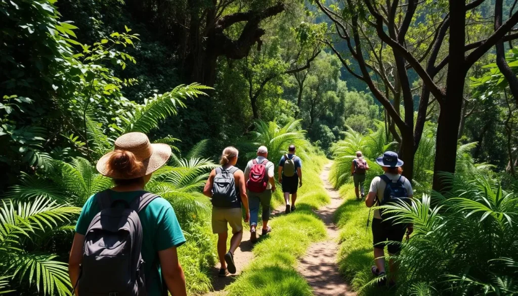 Hikers on a lush green trail in Montserrat's Centre Hills with tropical vegetation