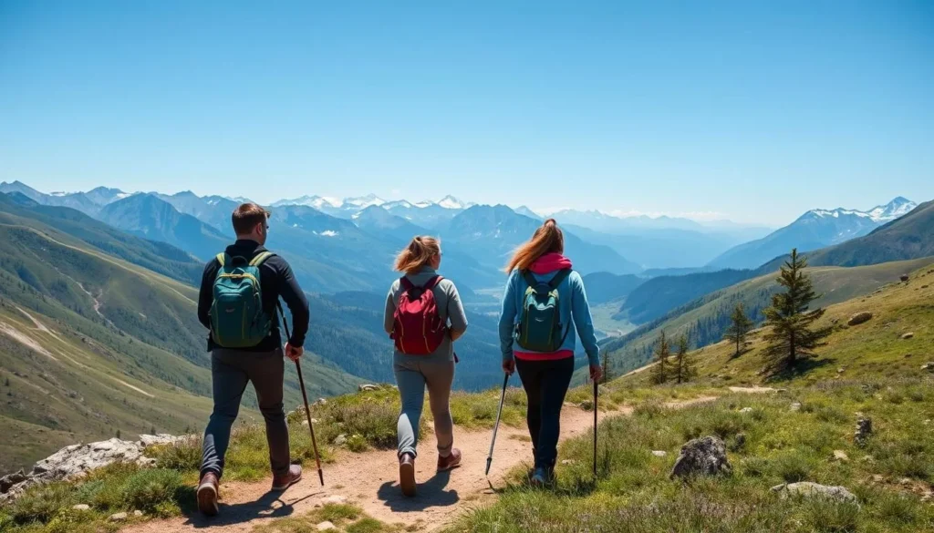 Hikers on a mountain trail in Altai Krai with panoramic views