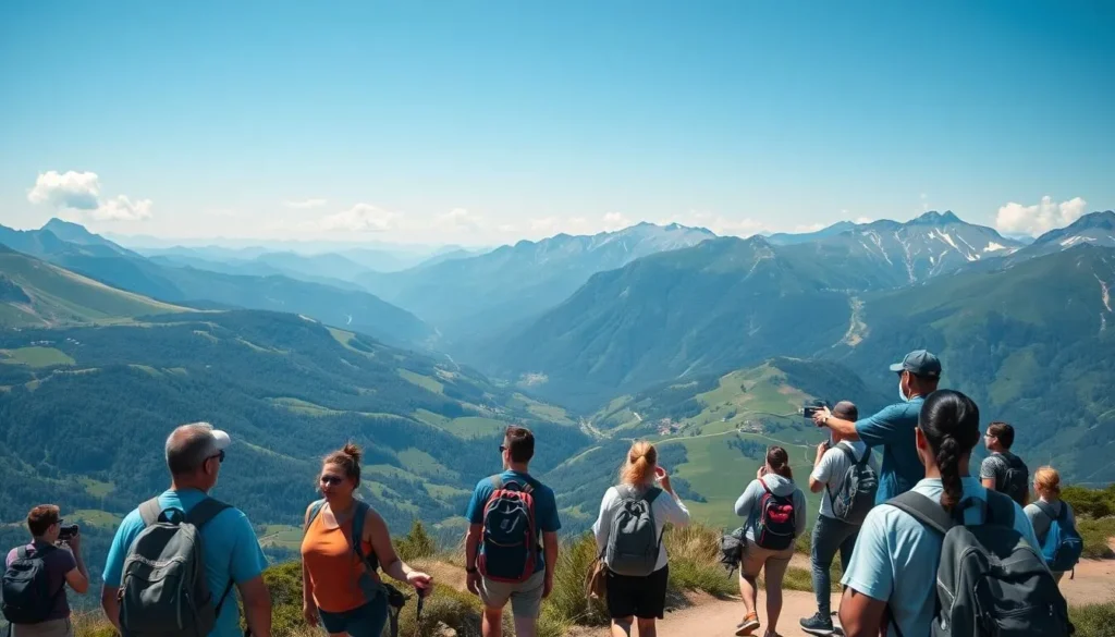 Hikers on a mountain trail near Andorra la Vella with panoramic views