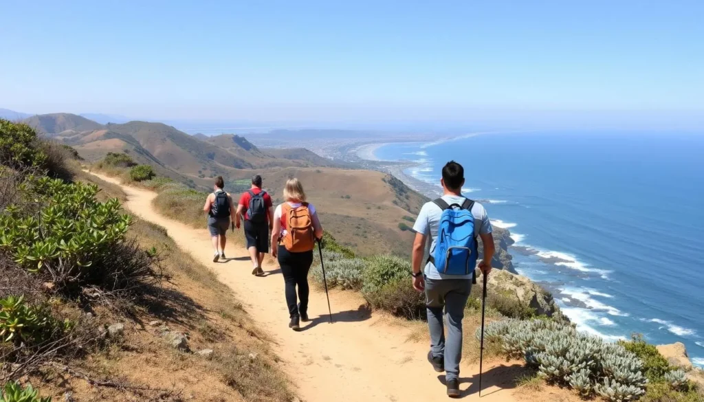 Hikers on a scenic trail at Crystal Cove State Park with ocean views Hikers on a scenic trail at Crystal Cove State Park with ocean views