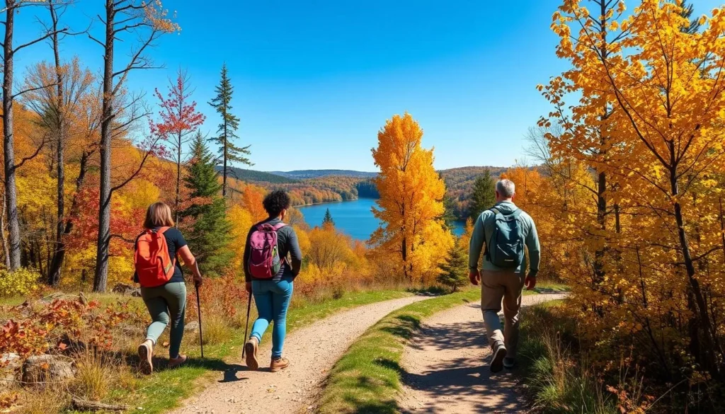 Hikers on a scenic trail at Marsh Creek State Park Pennsylvania in autumn Hikers on a scenic trail at Marsh Creek State Park Pennsylvania in autumn