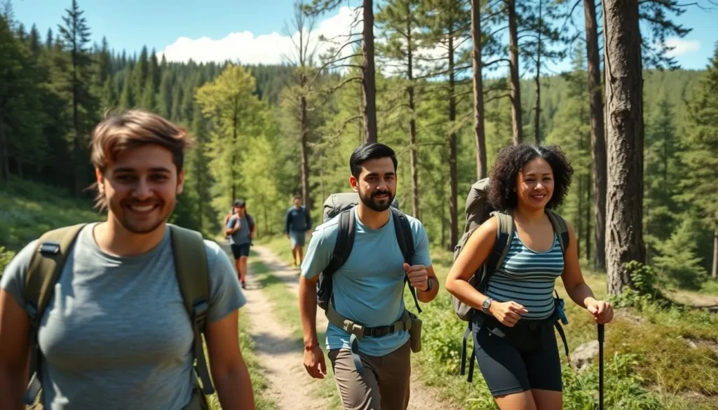 Hikers on a scenic trail in the Black Forest near Baden-Baden with lush greenery and forest views
