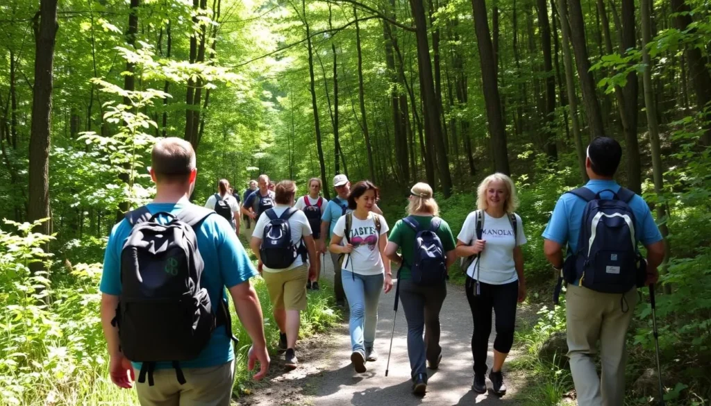 Hikers on a scenic trail in the Pocono Mountains near Lake Naomi