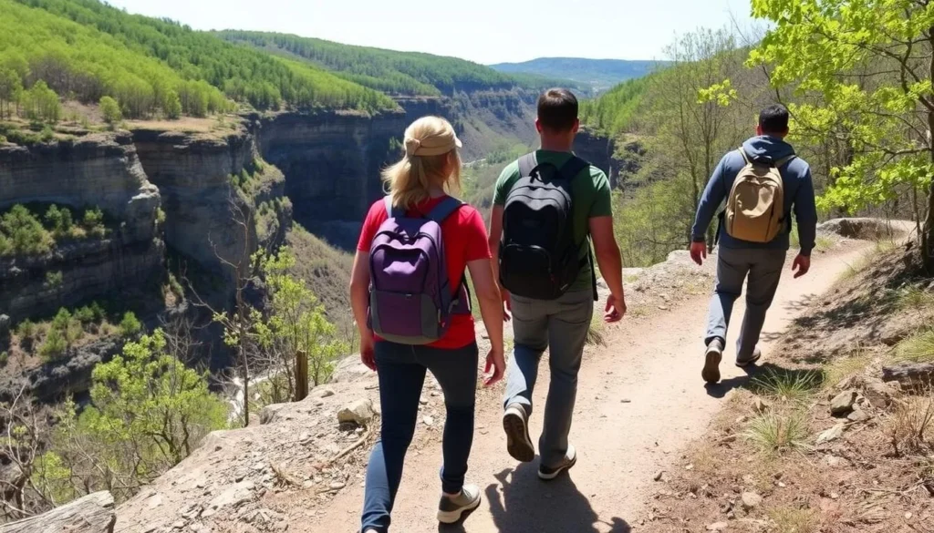 Hikers on a trail along the rim of Slippery Rock Gorge at McConnells Mill State Park with scenic views Hikers on a trail along the rim of Slippery Rock Gorge at McConnells Mill State Park with scenic views