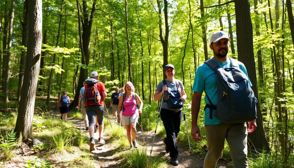 Hikers on a trail at Big Pocono State Park surrounded by forest Hikers on a trail at Big Pocono State Park surrounded by forest
