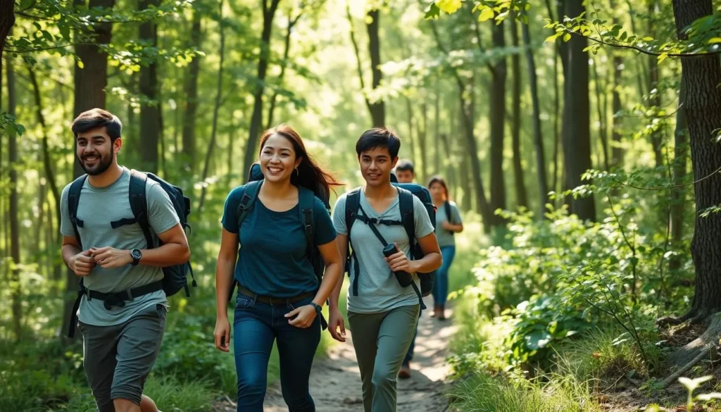Hikers on a trail at Cache River State Park with diverse group enjoying nature Hikers on a trail at Cache River State Park with diverse group enjoying nature