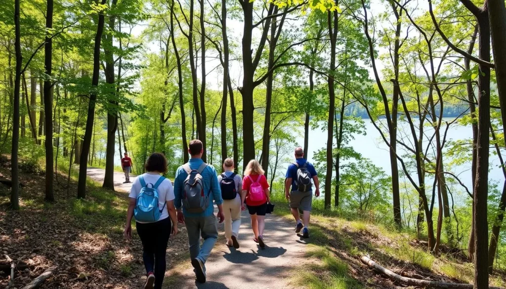 Hikers on a trail at Eldon Hazlet State Park with lake views Hikers on a trail at Eldon Hazlet State Park with lake views