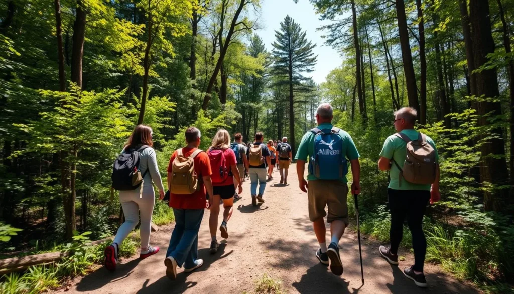 Hikers on a trail at Ferne Clyffe State Park surrounded by lush forest