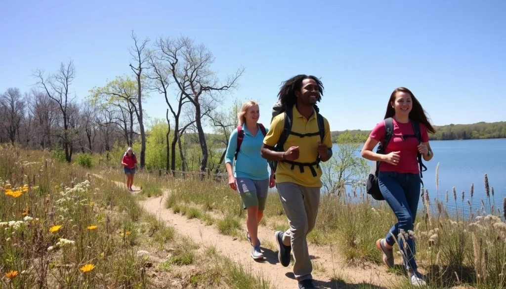 Hikers on a trail at Newton Lake State Park with wildflowers and lake views Hikers on a trail at Newton Lake State Park with wildflowers and lake views