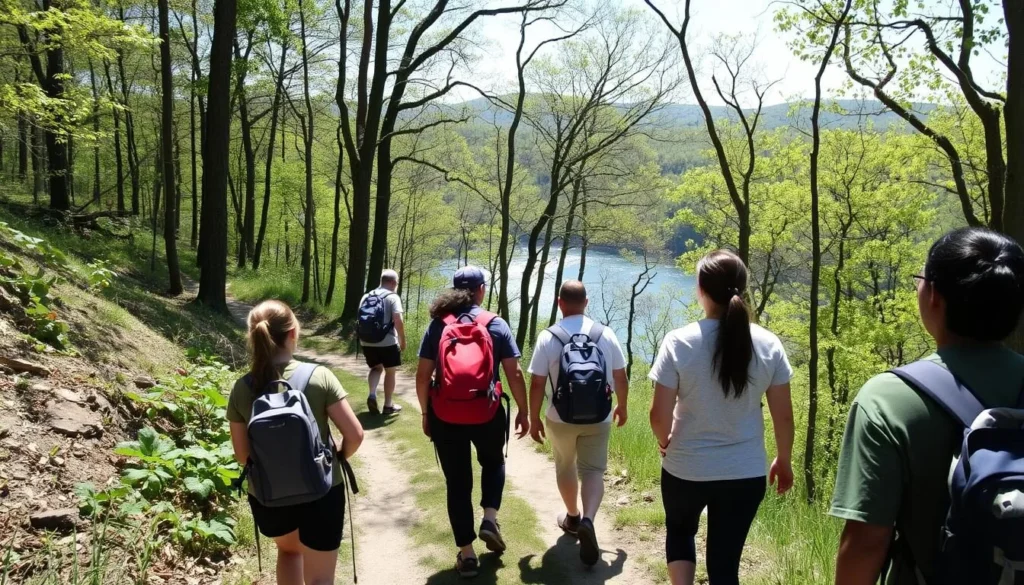 Hikers on a trail at Nockamixon State Park with lake views Hikers on a trail at Nockamixon State Park with lake views