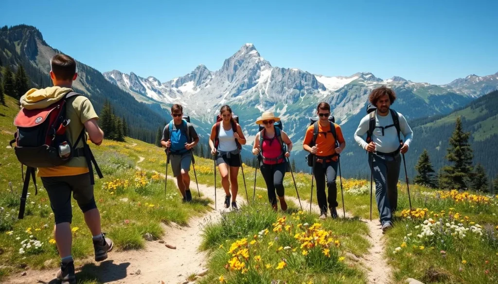 Hikers on a trail in Berchtesgaden National Park with alpine meadows and mountain views