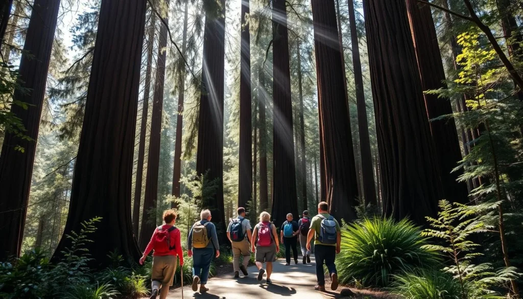 Hikers on a trail in Butano State Park surrounded by towering redwood trees