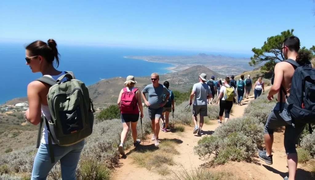 Hikers on a trail in Laguna Coast Wilderness Park with ocean views in the background Hikers on a trail in Laguna Coast Wilderness Park with ocean views in the background