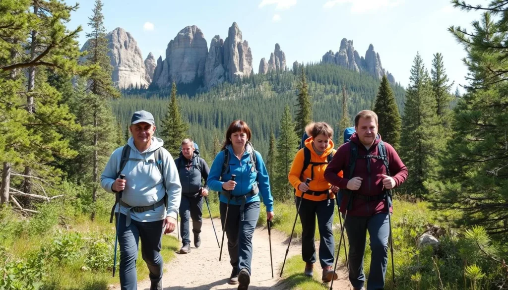 Hikers on a trail in Taganay National Park with rocky formations in background