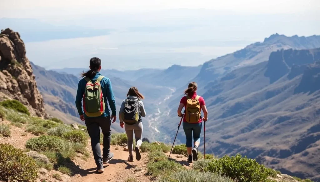 Hikers on a trail in the Simien Mountains with panoramic views of the Great Rift Valley