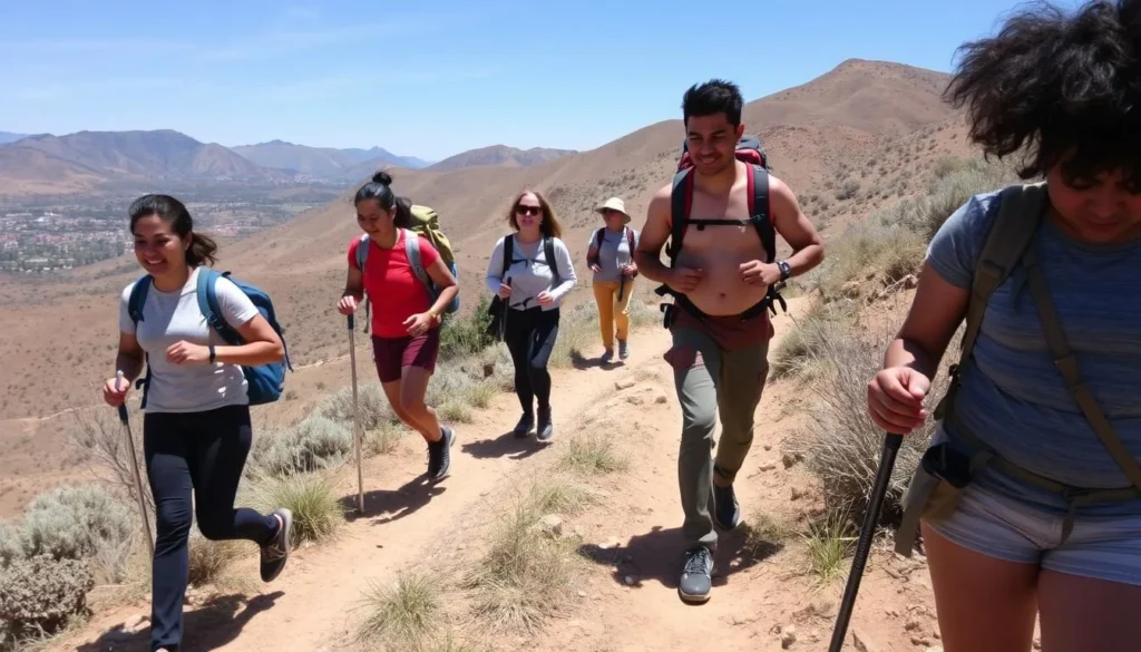 Hikers on a trail near Guanajuato with views of the surrounding mountains and landscape