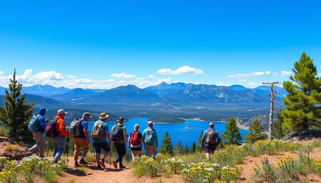 Hikers on a trail overlooking Eagle Nest Lake with mountain backdrop Hikers on a trail overlooking Eagle Nest Lake with mountain backdrop