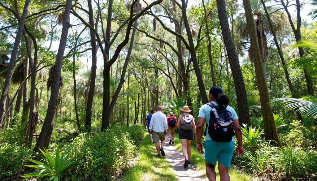 Hikers on a trail through palm hammock at Wekiwa Springs State Park Hikers on a trail through palm hammock at Wekiwa Springs State Park