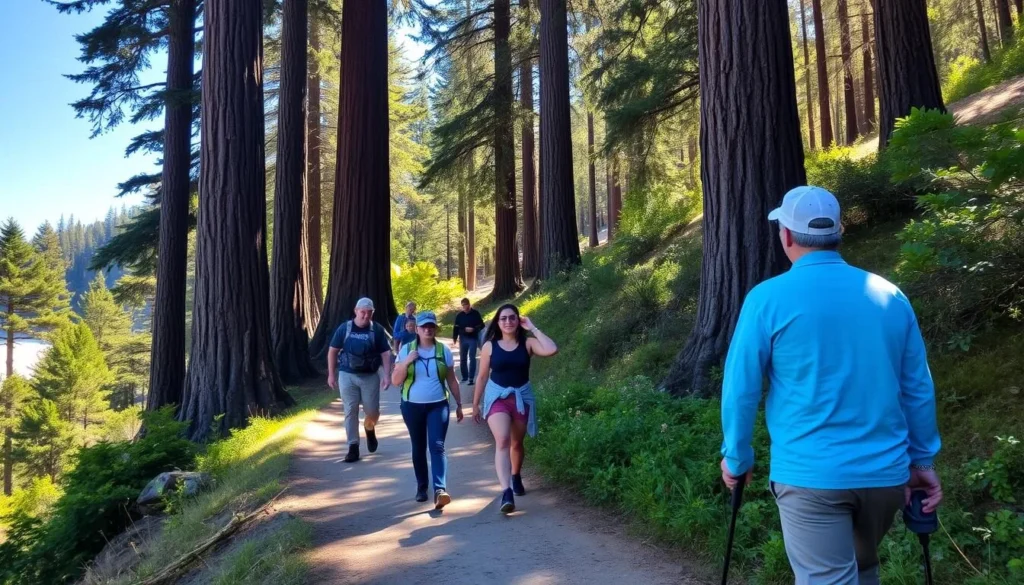 Hikers on a trail through redwood forest near Pfeiffer Beach in Big Sur