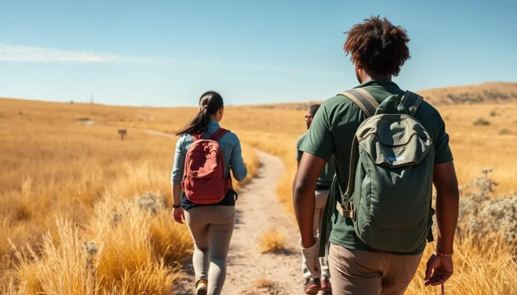Hikers on a trail through the grasslands of Buenos Aires National Wildlife Refuge Hikers on a trail through the grasslands of Buenos Aires National Wildlife Refuge