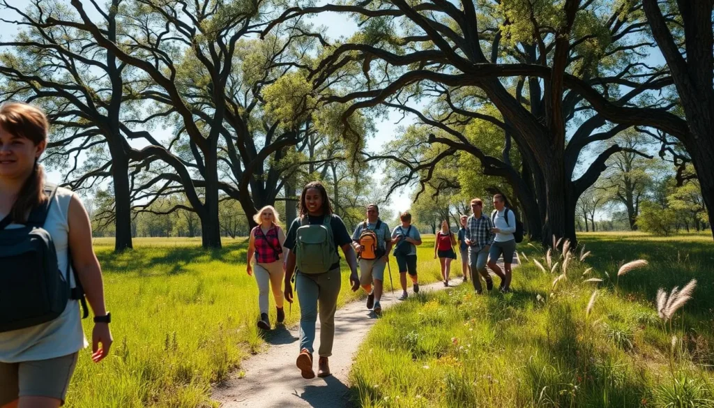 Hikers on a trail through the oak savanna at Illinois Beach State Park Hikers on a trail through the oak savanna at Illinois Beach State Park