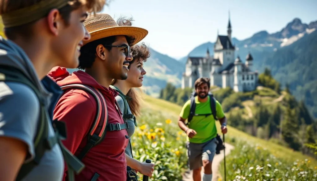 Hikers on a trail with Neuschwanstein Castle visible in the background
