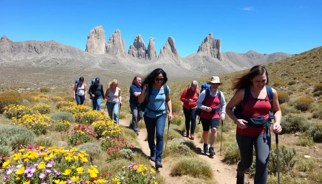 Hikers on a walking track in Ben Lomond National Park Tasmania with alpine wildflowers in bloom Hikers on a walking track in Ben Lomond National Park Tasmania with alpine wildflowers in bloom