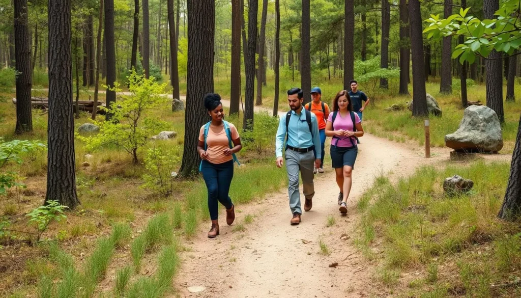 Hikers on a well-maintained trail through the forested areas of Kickapoo State Park