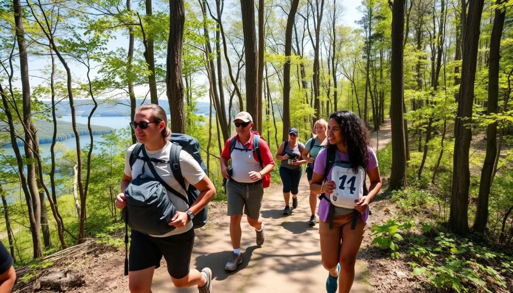Hikers on the Conservation Island Trail with views of Promised Land Lake Hikers on the Conservation Island Trail with views of Promised Land Lake