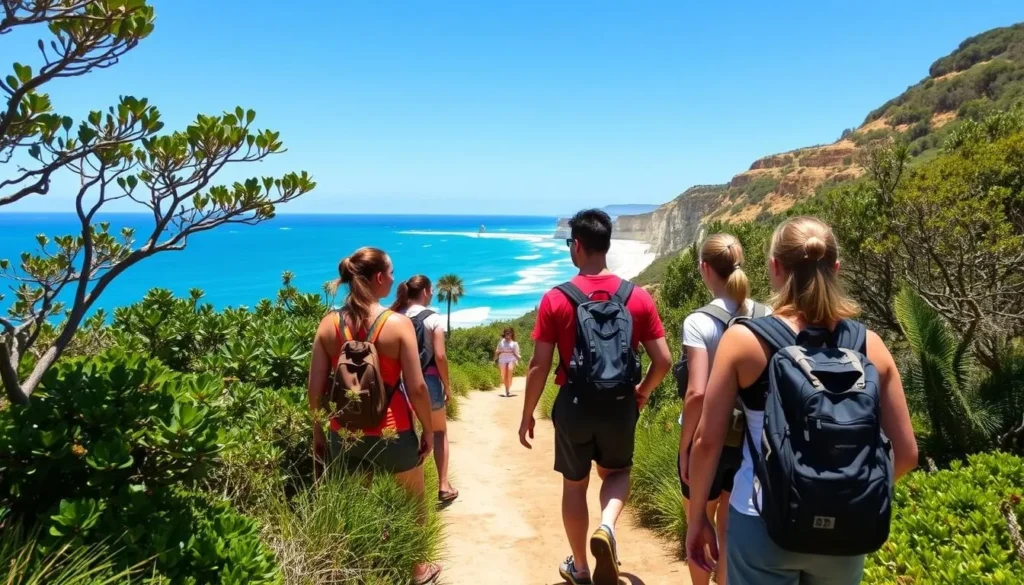 Hikers on the Cooloola Wilderness Trail with coastal views