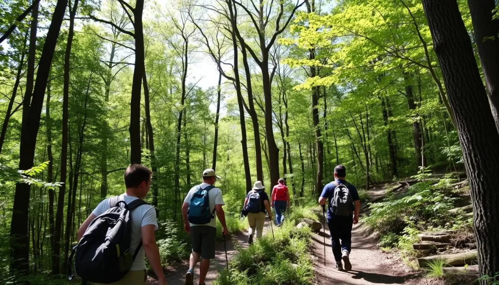 Hikers on the Davis Run Trail in Keystone State Park Pennsylvania